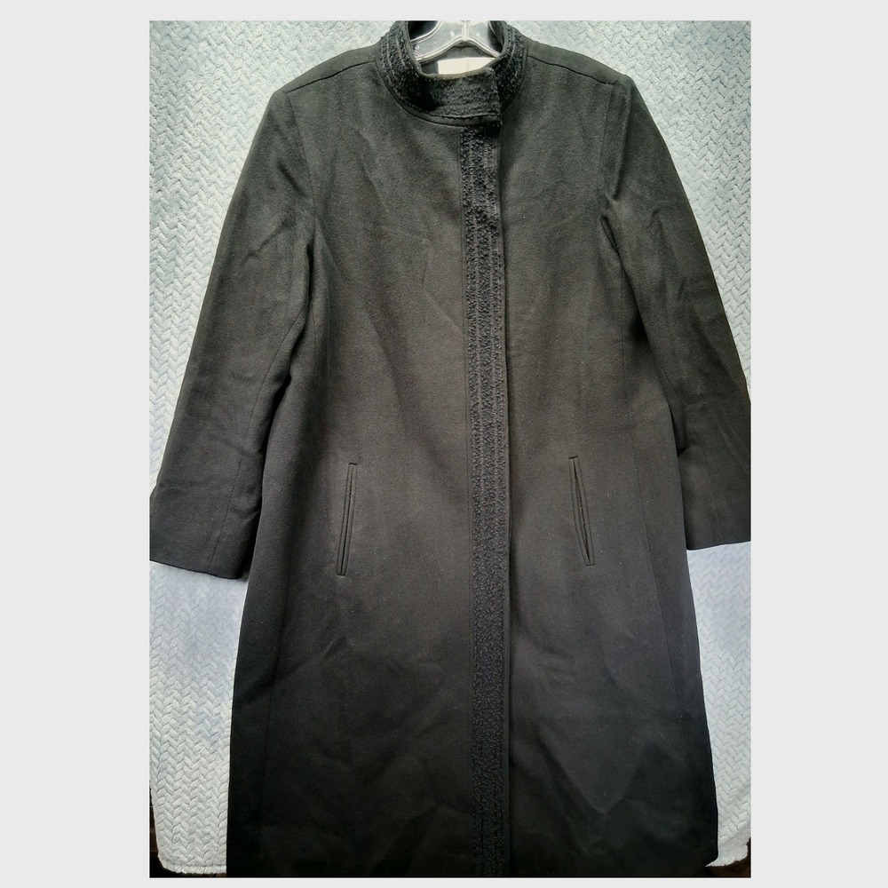 Fleurette Loro Piana Wool Coat Black Mock Neck Mohair Trim Long Jacket Womens 16